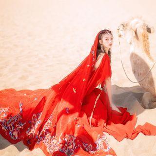 Set: Short-sleeve Midi A-line Dress + Dragon Embroidered Hooded Cape