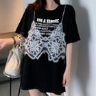 Mock Two Piece Printed Lace Short Sleeve T-shirt