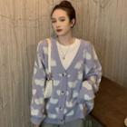 Long-sleeve Sheep Print Button-up Sweater Cardigan Purple & White - One Size