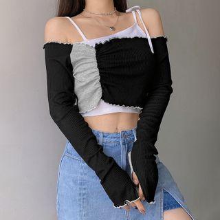 Set: Long-sleeve Off-shoulder Color Block Crop Top + Camisole Top