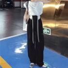 Cap-sleeve Lettering Cropped T-shirt / Two-tone Wide Leg Pants