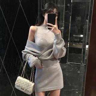 Set: Turtleneck Sleeveless Mini Knit Sheath Dress + Cropped Sweater