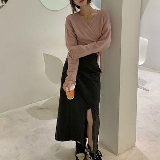 V-neck Wrap Sweater / Side-slit Midi Pencil Skirt