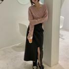 V-neck Wrap Sweater / Side-slit Midi Pencil Skirt