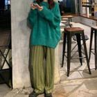 Plain Knit Sweater / Striped Wide-leg Pants