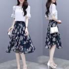 Set: Ruffle Short-sleeve Blouse + Flower Print A-line Skirt