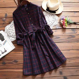 Plaid Stand-collar Long-sleeve Dress
