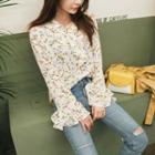 Frill-neck Ruffle-cuff Floral Top