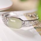 Square Gemstone 925 Sterling Silver Bangle White Nephrite - Silver - One Size