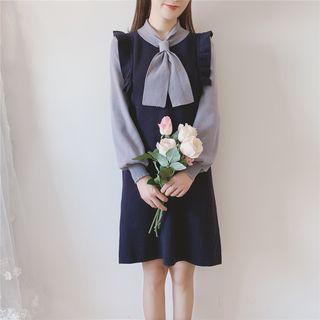 Tie-neck Balloon-sleeve Ruffled A-line Knit Dress