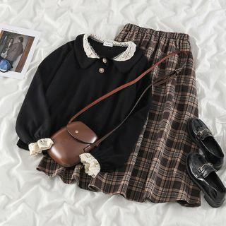 Lace Trim Blouse / Plaid Midi A-line Skirt