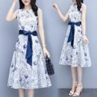 Tie-waist Floral Print Sleeveless A-line Dress