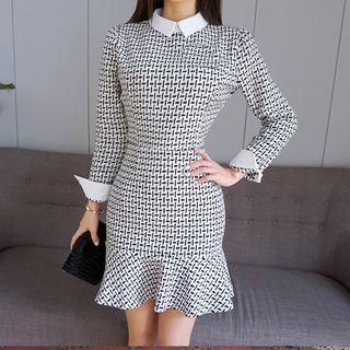 Set: Long-sleeve Patterned Top + Ruffle Hem Skirt