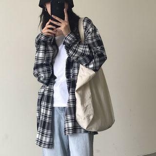 Polo-neck Plaid Skirt Plaid - Black & Gray - One Size