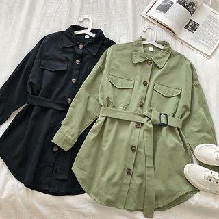 Plain Single-breasted Lace-up Cargo Long-sleeve Shirtdress