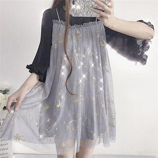 Mock Two-piece 3/4-sleeve Embroidered Mesh Mini Dress As Shown In Figure - One Size