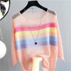 Striped 3/4-sleeve Pointelle Knit Top