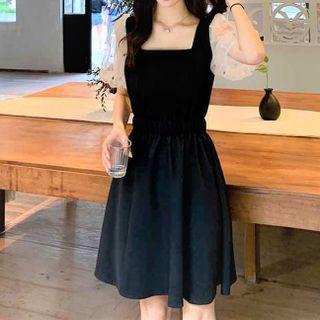Short-sleeve Mesh Panel Mini Dress Black - One Size