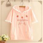 Strawberry Embroidered Short-sleeve Hoodie As Shown In Figure - One Size