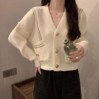 Long-sleeve Contrast-trim V-neck Cardigan
