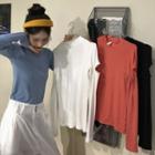Mock-neck Long-sleeve Plain Ripped T-shirt