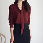 Plain Tie Neck Chiffon Blouse