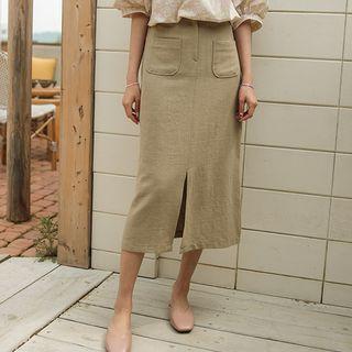 Patch-pocket Slit-front Long Skirt