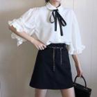 Elbow-sleeve Ribbon-neck Shirt / A-line Mini Skirt