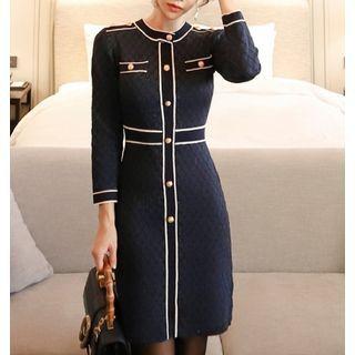Elbow-sleeve Contrast Trim Dress Navy Blue - One Size