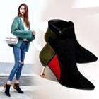Faux Suede Color Panel Pointed Kitten Heel Ankle Boots