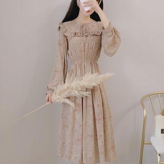Ruffle Long-sleeve Midi Chiffon Dress