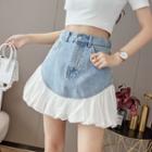 High Waist Denim Panel Mini A-line Skirt