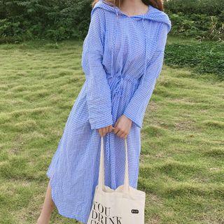 Plaid Hooded Long Sleeve Midi Dress