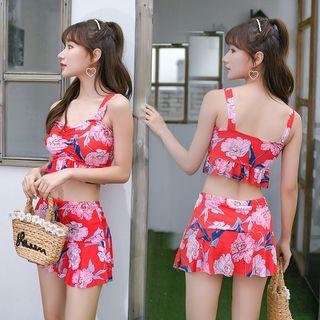 Set: Frill Trim Floral Bikini Top + Swim Skirt