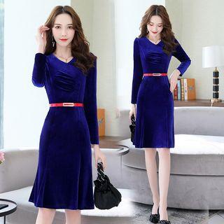 Belted Long-sleeve Velvet A-line Dress