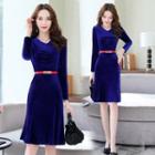 Belted Long-sleeve Velvet A-line Dress