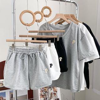 Set : Embroider Letter Top + High-waist Shorts
