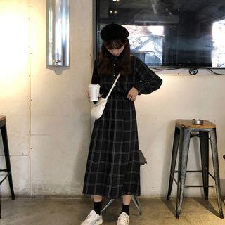 Half-placket Plaid Shirtdress Navy Blue - One Size