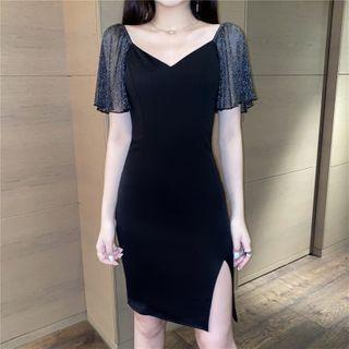 Mesh Panel Short-sleeve Slit Mini Bodycon Dress