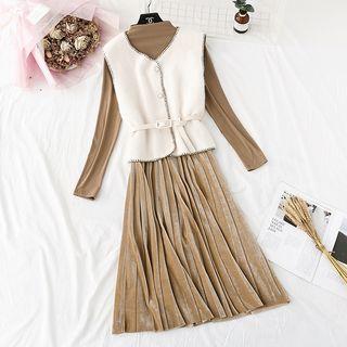 Set: Mock Neck Pleated Midi Dress + Sleeveless Button Top