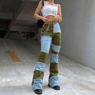 Distressed Straight-fit Color Block Jeans