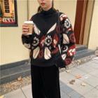Pattern V-neck Knit Sweater Black - One Size