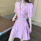 Puff-sleeve Button-up A-line Mini Dress