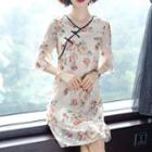 Bell-sleeve Floral Mini Qipao Dress