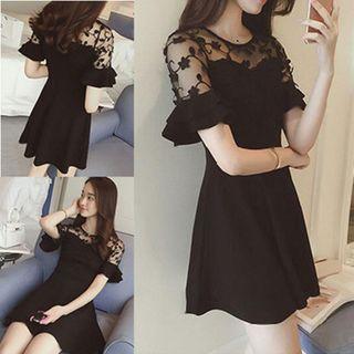 Short-sleeve Floral Embroidered Mesh Panel A-line Dress