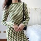 Long-sleeve Checkerboard Knit Sheath Dress