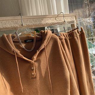 Set: Fleece-lined Hoodie + Slit-side Boot-cut Pants