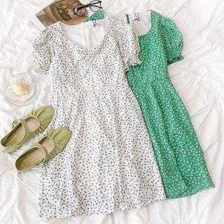 Short-sleeve Floral Printed Square-neck Mini Dress