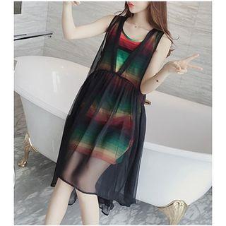 Set: Striped Tank Dress + Mesh Sleeveless Dress