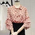 Dotted 3/4-sleeve Tie-neck Chiffon Blouse
